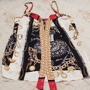 Express Black and White Camisole with Gold and Red Accents